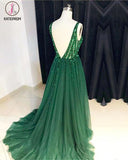 Kateprom V Neck Green Open Back Tulle Long Prom Dresses With Sequins KPP1127