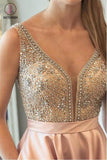 Kateprom Sparkly Satin Pink Beaded Long Prom Dress With Open Back KPP1131