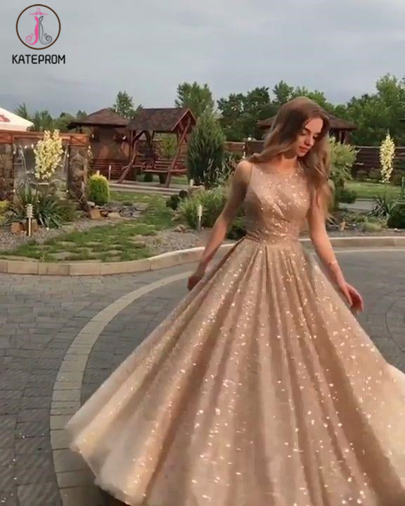 Kateprom A-Line Open Back Gold Sequins Champagne Prom Dresses 2020 Fas –  kateprom