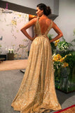 Kateprom A-Line Gold Sequin Empire Prom Dress Long 2020 Sweep Train KPP1125