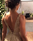 Kateprom A-Line Gold Sequin Empire Prom Dress Long 2020 Sweep Train KPP1125