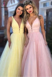 Kateprom A-Line Deep V-Neck Blue Sweep Train Pink Tulle Backless Prom Dress With Beading KPP1256
