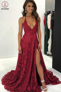 Kateprom A-Line Halter Sweep Train Red Lace Prom Dress With Split KPP1261