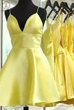 Kateprom Yellow V Neck Satin Straps Homecoming Dresses Short Prom Dress KPH0491