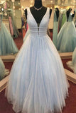 Kateprom A-Line Deep V-Neck Blue Sweep Train Pink Tulle Backless Prom Dress With Beading KPP1256