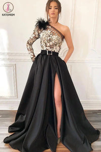 Kateprom One-Shoulder Black Long Appliqued Split Prom Dress With Pockets Feathers KPP1262