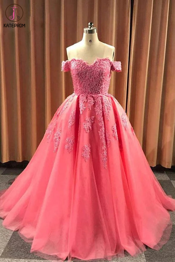 Kateprom Ball Gown Sweetheart Cap Sleeve Lace Appliques Prom Dress KPP1258
