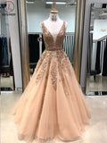 Kateprom A-Line V Neck Light Gray Princess Tulle Long Prom Dresses With Bead KPP1257
