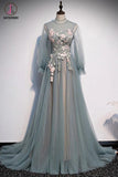 Kateprom A Line Long Sleeves Tulle Prom Dress with Flowers, Unique Long Evening Dress with Applique KPP1273
