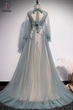 Kateprom A Line Long Sleeves Tulle Prom Dress with Flowers, Unique Long Evening Dress with Applique KPP1273