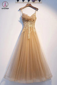 Kateprom Spaghetti Straps Sleeveless Tulle Prom Dresses, Floor Length Lace Applique Party Dress KPP1274
