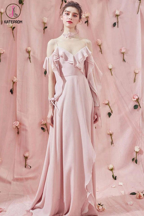 Kateprom Cheap Light Pink Spaghetti Straps Ruffles Chiffon Prom Dresses, Unique Long Formal Dress KPP1275