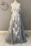 Kateprom Gray Spaghetti Straps Sweep Train Tulle Prom Dress, A Line Lace Appliqued Formal Dresses KPP1276
