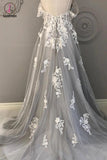 Kateprom Gray Spaghetti Straps Sweep Train Tulle Prom Dress, A Line Lace Appliqued Formal Dresses KPP1276