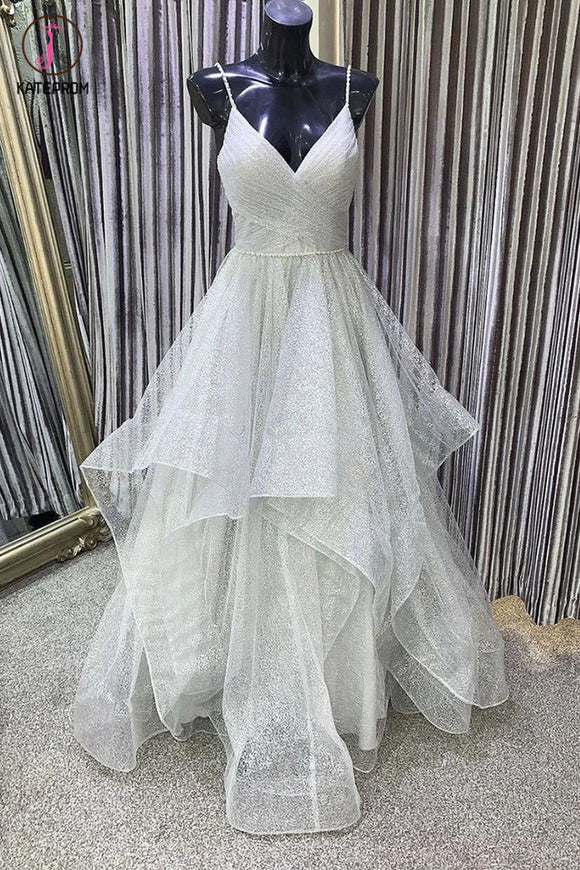 Kateprom Spaghetti Straps V Neck Floor Length Pleated Prom Dress, Hot Selling Formal Dresses KPP1277