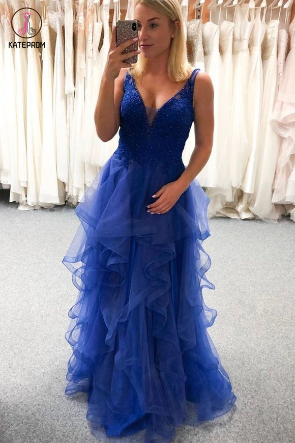 Kateprom Blue V Neck Sleeveless Tulle Prom Dress with Ruffles, Floor Length Beading Formal Dress KPP1278