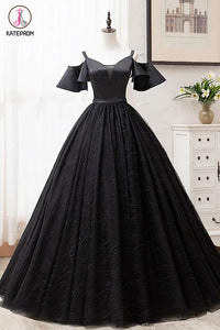 Kateprom Black Ball Gown Short Sleeves Long Prom Dresses, Floor Length Straps Formal Dresses KPP1279