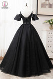 Kateprom Black Ball Gown Short Sleeves Long Prom Dresses, Floor Length Straps Formal Dresses KPP1279