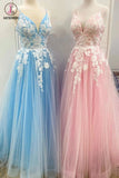 Kateprom New Spaghetti Strap Floor Length A Line Tulle Prom Dress with Lace Appliques, Formal Dress KPP1302