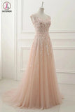 Kateprom A Line Sheer Neck Cap Sleeves Tulle Prom Dresses, Lace Appliqued Long Formal Dresses KPP1286