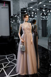 Kateprom Floor Length V Neck Sleeveless Tulle Long Prom Dress with Beading Crystals KPP1299