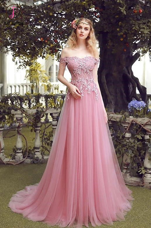 Kateprom Pink Off the Shoulder Tulle Prom Dress with Lace Appliques, Long Evening Dresses KPP1309