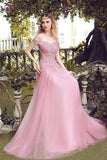 Kateprom Pink Off the Shoulder Tulle Prom Dress with Lace Appliques, Long Evening Dresses KPP1309