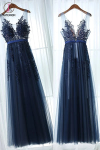Kateprom Dark Blue A Line Tulle Prom Dress with V Back, Floor Length Sleeveless Dress with Appliques KPP1306
