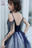 Kateprom Blue Ombre Spaghetti Straps Long Prom Dress with Tassels, Unique Evening Dress KPP1290