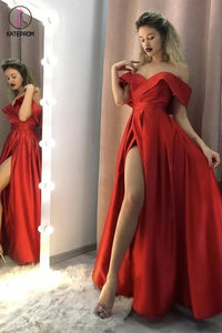 Kateprom Sexy Red Satin Long Side Slit Off Shoulder Prom Dress, Simple Evening Dress KPP1265