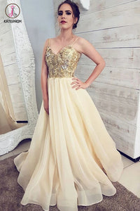 Kateprom Spaghetti Strap Floor Length Tulle Prom Dresses with Appliques, Cheap Party Dress KPP1282