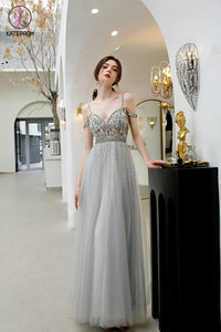 Kateprom Light Gray Straps Floor Length Tulle Prom Gowns, A Line Long Party Dress KPP1293