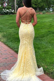 Kateprom Yellow Spaghetti Strap Mermaid Lace Appliqued Long Prom Dress, Sweep Train Evening Dress KPP1281