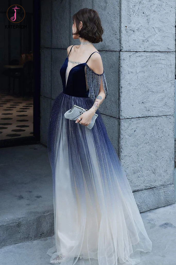 Kateprom Blue Ombre Spaghetti Straps Long Prom Dress with Tassels, Uni   kateprom