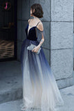 Kateprom Blue Ombre Spaghetti Straps Long Prom Dress with Tassels, Unique Evening Dress KPP1290