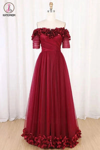 Kateprom Burgundy Off Shoulder Floor Length Tulle Prom Dress with Applique, A Line Tulle Evening Dress KPP1272