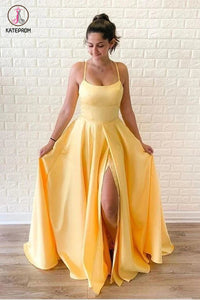 Kateprom Simple Yellow Sleeveless Split Long Prom Dresses, Cheap Floor Length Evening Dresses KPP1266