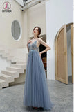Kateprom A Line Spaghetti Straps Tulle Prom Dress with Side Slit, Long Evening Dress with Beads KPP1295