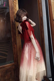 Kateprom Red V Neck Short Sleeves Tulle Sparkly Prom Dress, Homecoming Dresses KPP1291