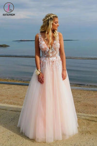 Kateprom A Line Deep V Neck Sleeveless Tulle Prom Dress with Appliques, Floor Length Party Dresses KPP1305
