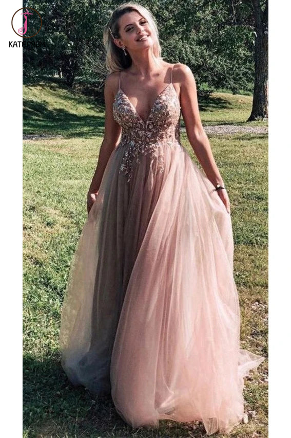 Kateprom Spaghetti Straps Floor Length Tulle Prom Dresses, Charming Sleeveless Evening Dresses KPP1268