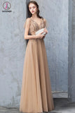 Kateprom A Line V Neck Short Sleeves Long Tulle Prom Dress, Evening Dresses with Beading KPP1287