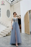Kateprom A Line Spaghetti Straps Tulle Prom Dress with Side Slit, Long Evening Dress with Beads KPP1295