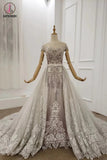 Kateprom Gorgeous Sheer Neck Long Train Wedding Dresses, Sparkly Short Sleeves Prom Dress KPP1271