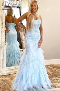 Kateprom Light Blue Mermaid Lace Appliques Prom Dress with Ruffles, Strapless Long Evening Dress KPP1280