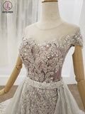Kateprom Gorgeous Sheer Neck Long Train Wedding Dresses, Sparkly Short Sleeves Prom Dress KPP1271