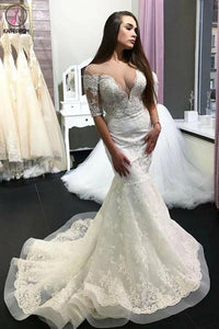 Kateprom Gorgeous Sheer Neck Half Sleeves Lace Appliques Mermaid Long Wedding Dress KPW0544