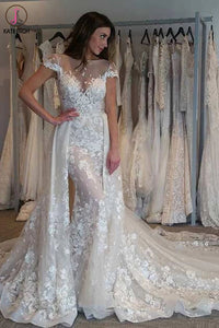 Kateprom Gorgeous Cap Sleeves Sheer Neck Long Wedding Dress with Detachable Train KPW0545