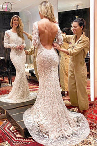 Kateprom Ivory Backless Long Sleeves Mermaid Wedding Dress, Lace Wedding Dresses KPW0547
