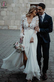 Kateprom Floor Length Long Sleeves Sheer Neck Split Appliques Chiffon Beach Wedding Dress KPW0551